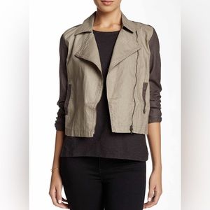 Eileen Fisher stone grey organic linen asymmetric moto-style jacket